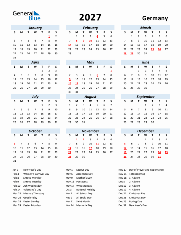 2027 Yearly Calendar For Germany With Holidays