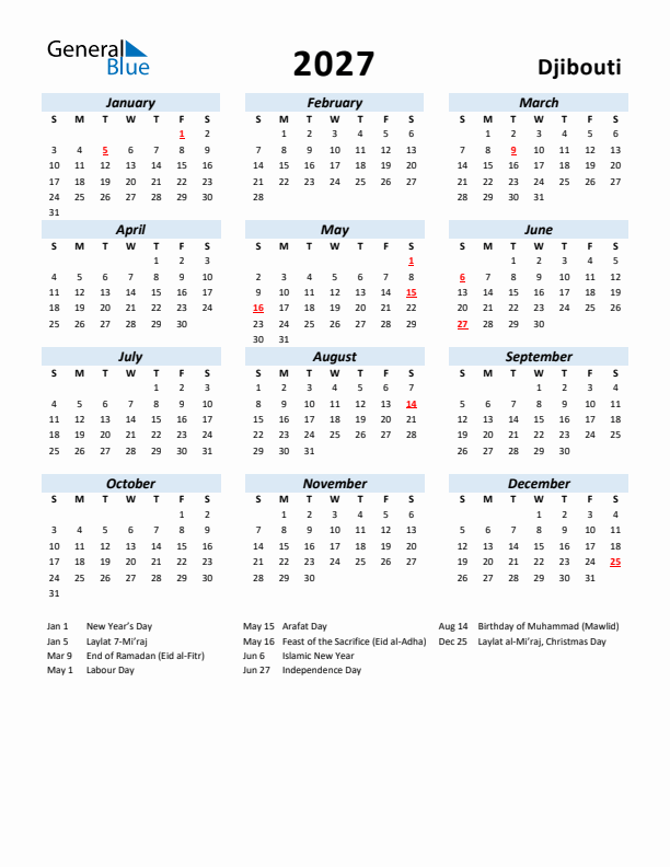 2027 Calendar for Djibouti with Holidays
