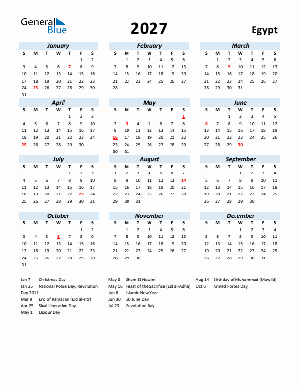 2027 Calendar for Egypt with Holidays