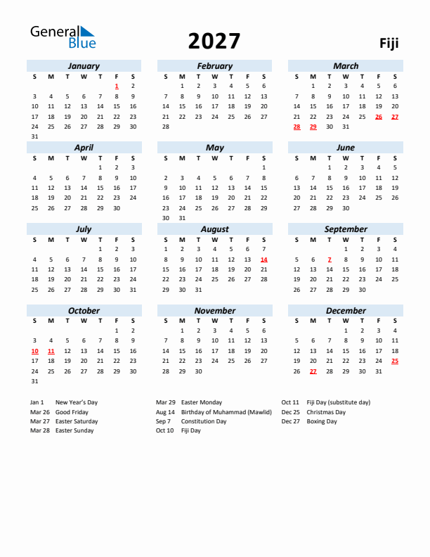 2027 Calendar for Fiji with Holidays