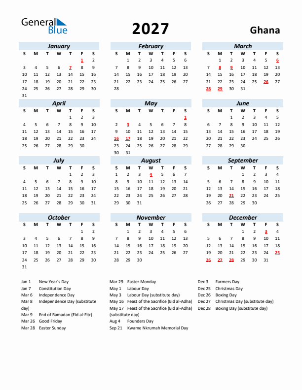 2027 Calendar for Ghana with Holidays