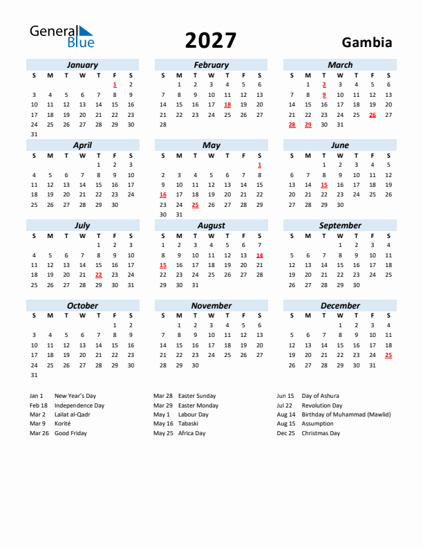 2027 Calendar for Gambia with Holidays