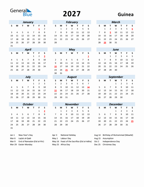 2027 Calendar for Guinea with Holidays