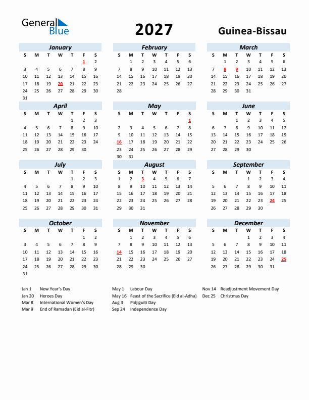 2027 Calendar for Guinea-Bissau with Holidays