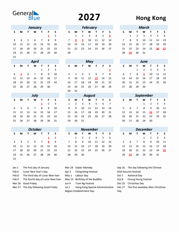 2027 Calendar for Hong Kong with Holidays