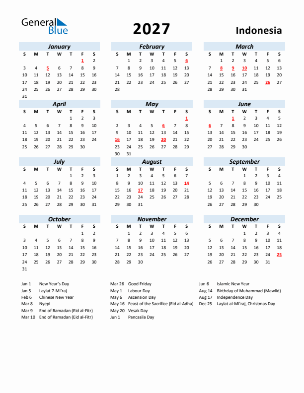 2027 Calendar for Indonesia with Holidays