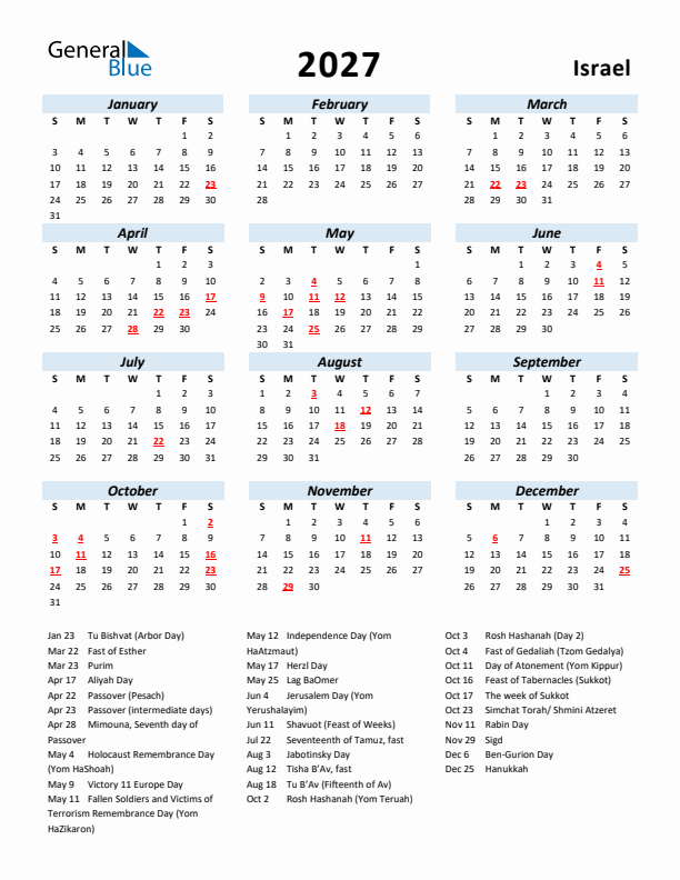 2027 Calendar for Israel with Holidays
