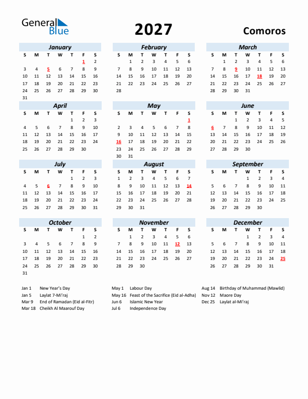 2027 Calendar for Comoros with Holidays