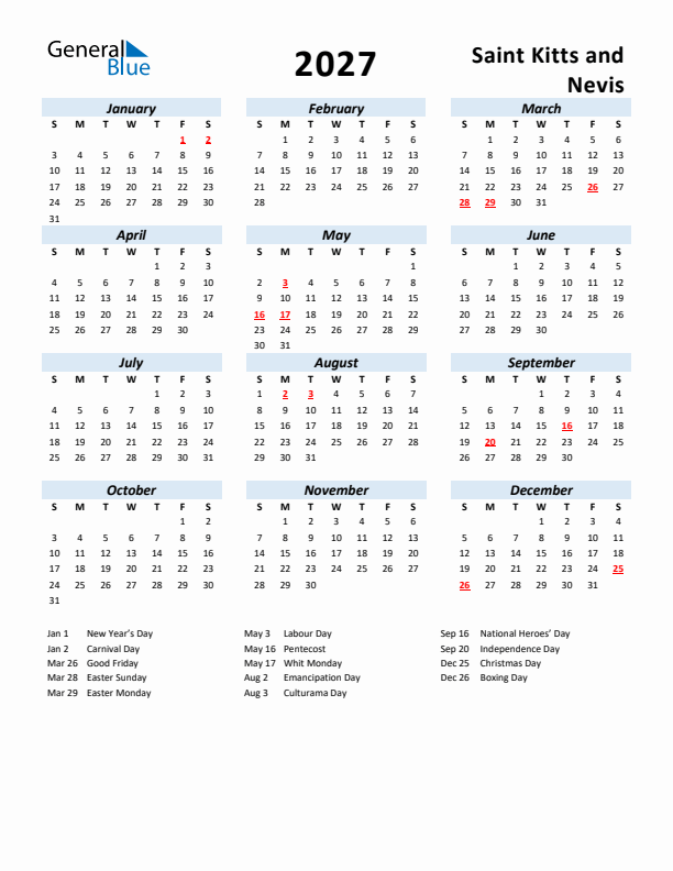 2027 Calendar for Saint Kitts and Nevis with Holidays