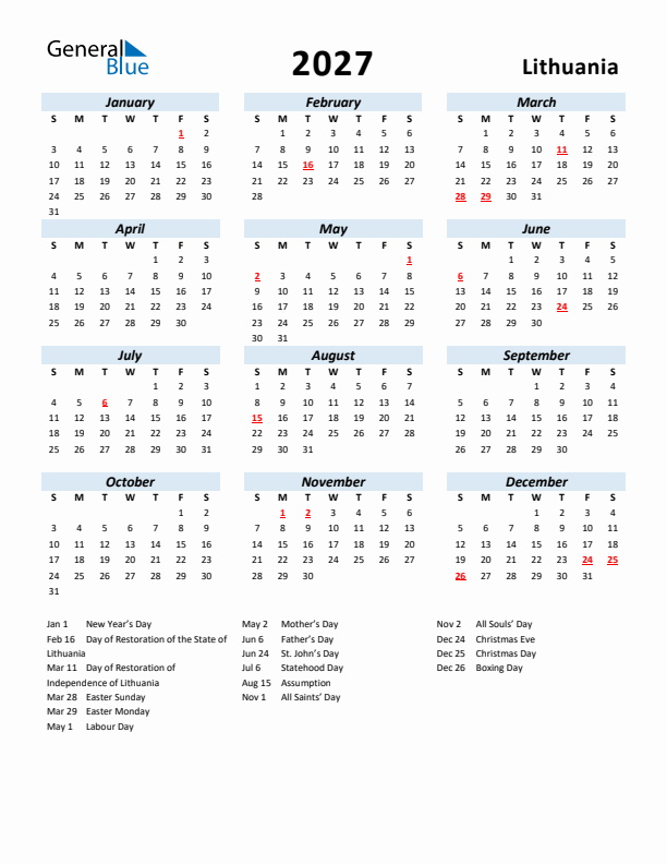 2027 Calendar for Lithuania with Holidays