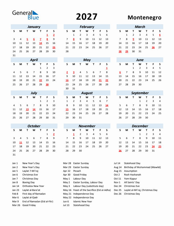 2027 Calendar for Montenegro with Holidays