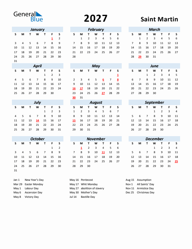 2027 Calendar for Saint Martin with Holidays
