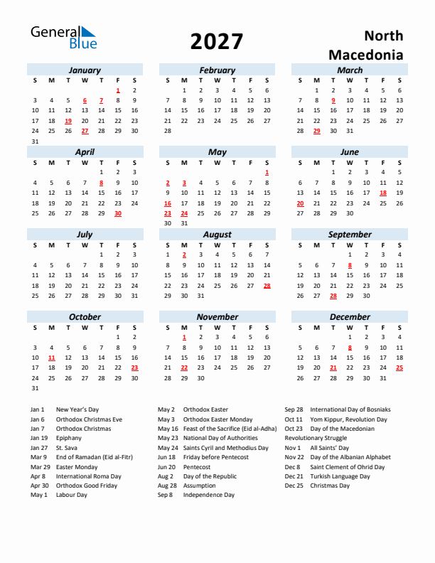 2027 Calendar for North Macedonia with Holidays
