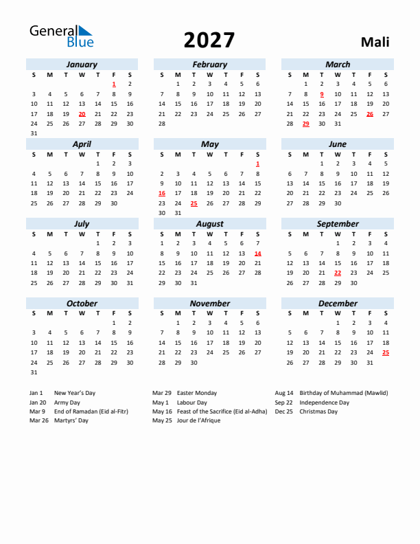 2027 Calendar for Mali with Holidays