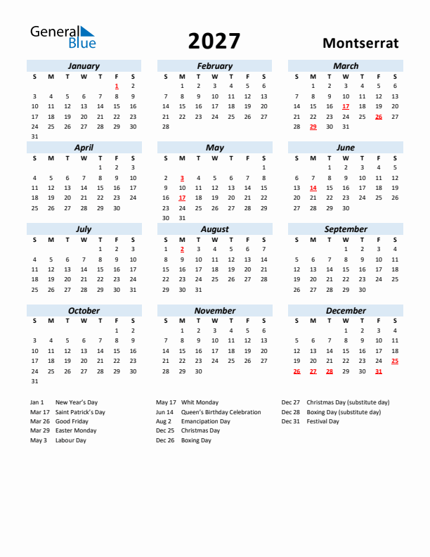 2027 Calendar for Montserrat with Holidays