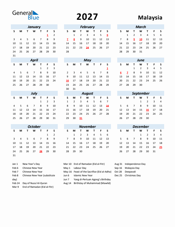 2027 Calendar for Malaysia with Holidays