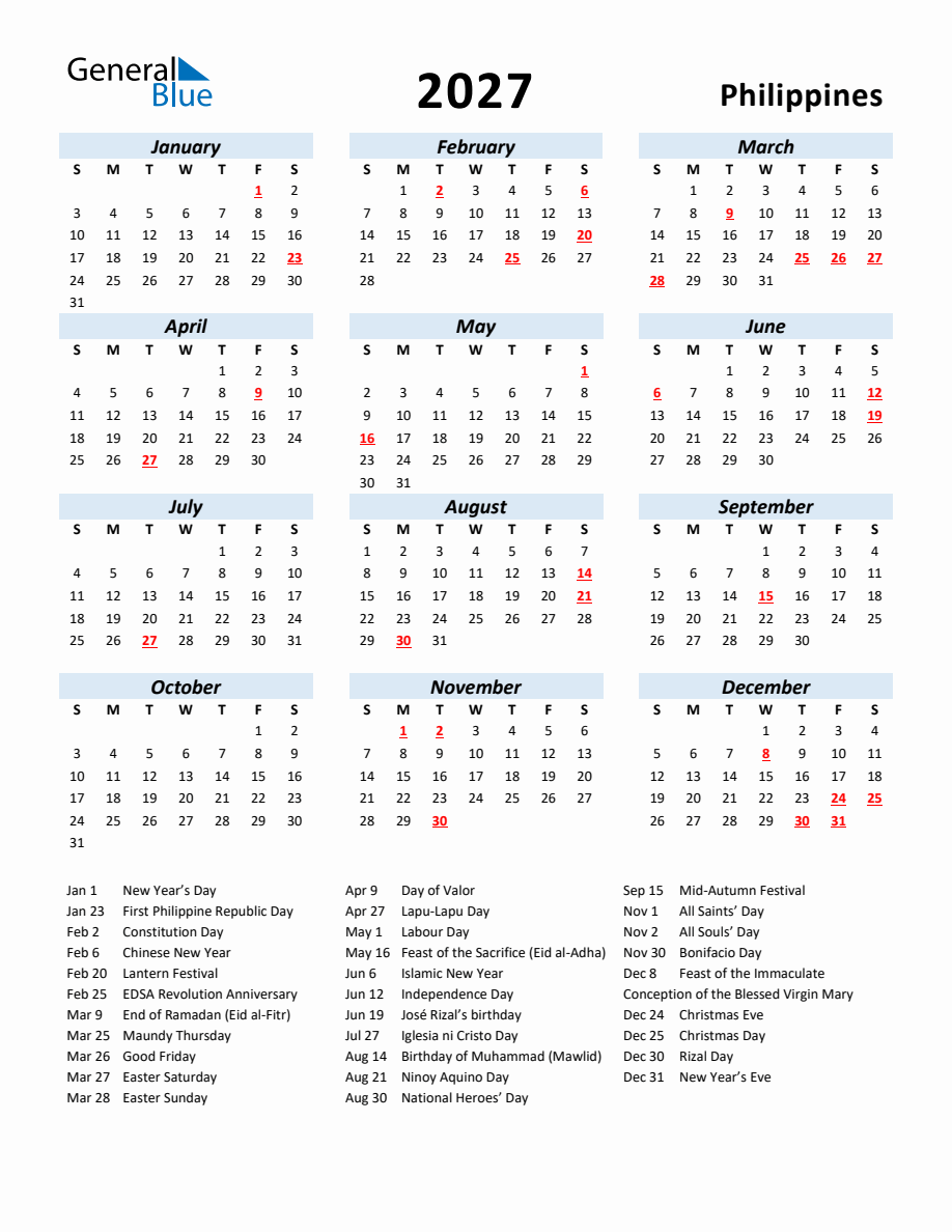 2027 Yearly Calendar for Philippines with Holidays