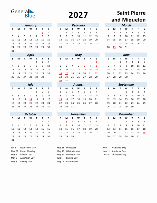 2027 Calendar for Saint Pierre and Miquelon with Holidays