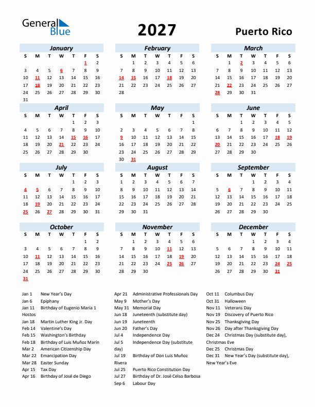 2027 Calendar for Puerto Rico with Holidays