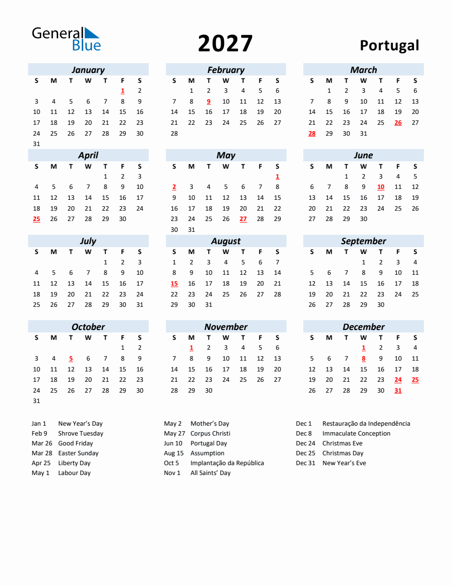 2027 Yearly Calendar For Portugal With Holidays 2027-yearly-calendar-for-portugal-with-holidays