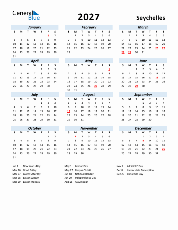2027 Calendar for Seychelles with Holidays