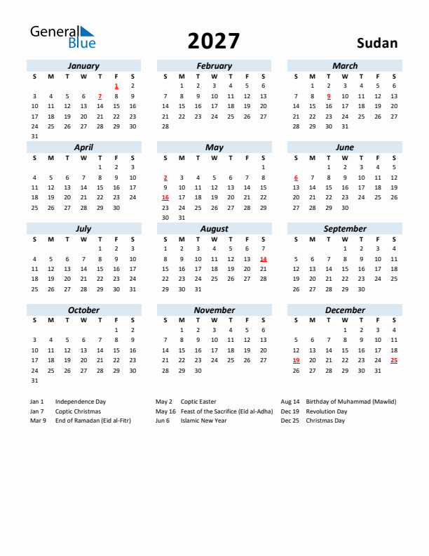 2027 Calendar for Sudan with Holidays
