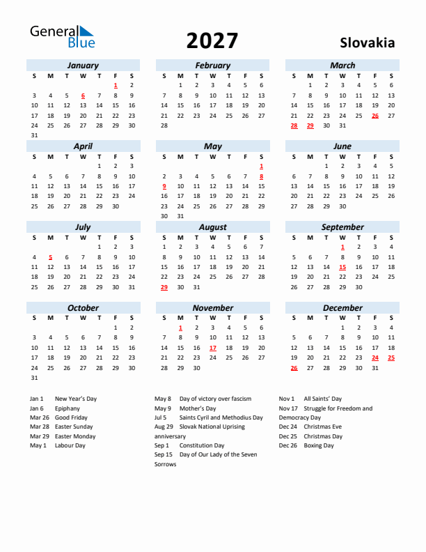 2027 Calendar for Slovakia with Holidays