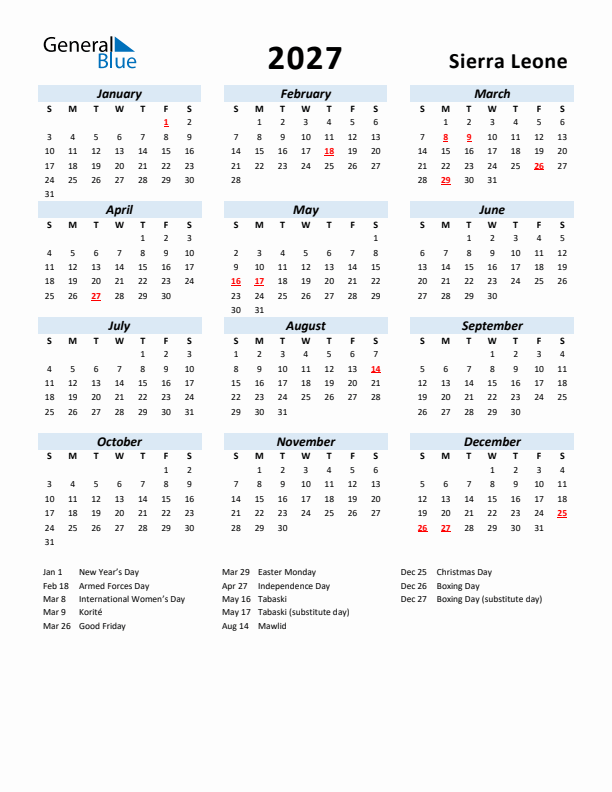 2027 Calendar for Sierra Leone with Holidays