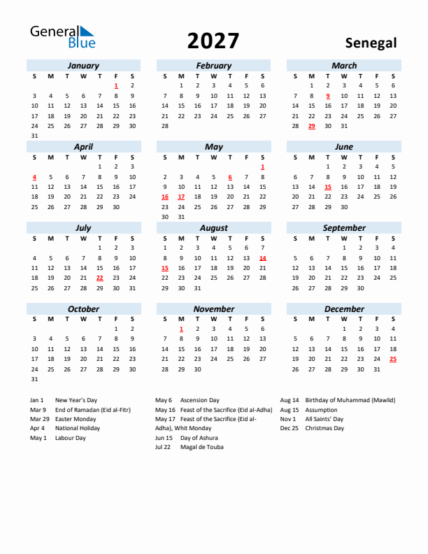 2027 Calendar for Senegal with Holidays