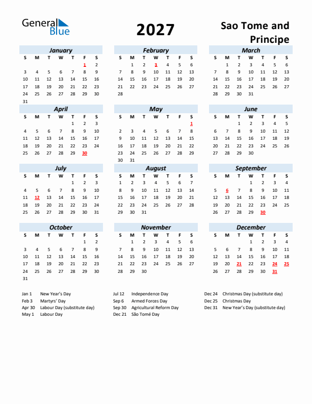 2027 Calendar for Sao Tome and Principe with Holidays