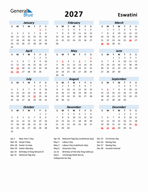 2027 Calendar for Eswatini with Holidays