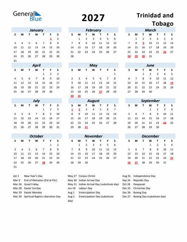 2027 Calendar for Trinidad and Tobago with Holidays