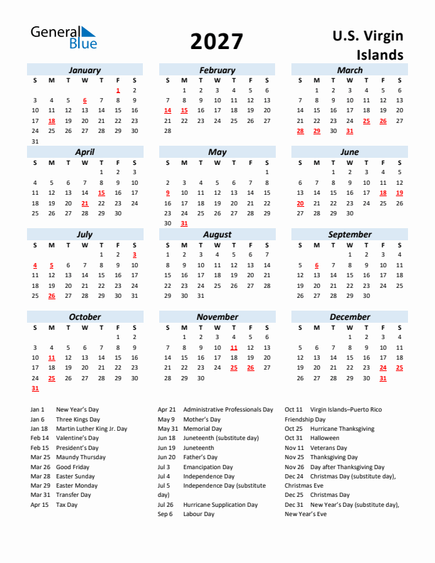 2027 Calendar for U.S. Virgin Islands with Holidays