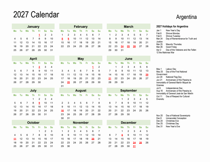 Holiday Calendar 2027 for Argentina (Monday Start)