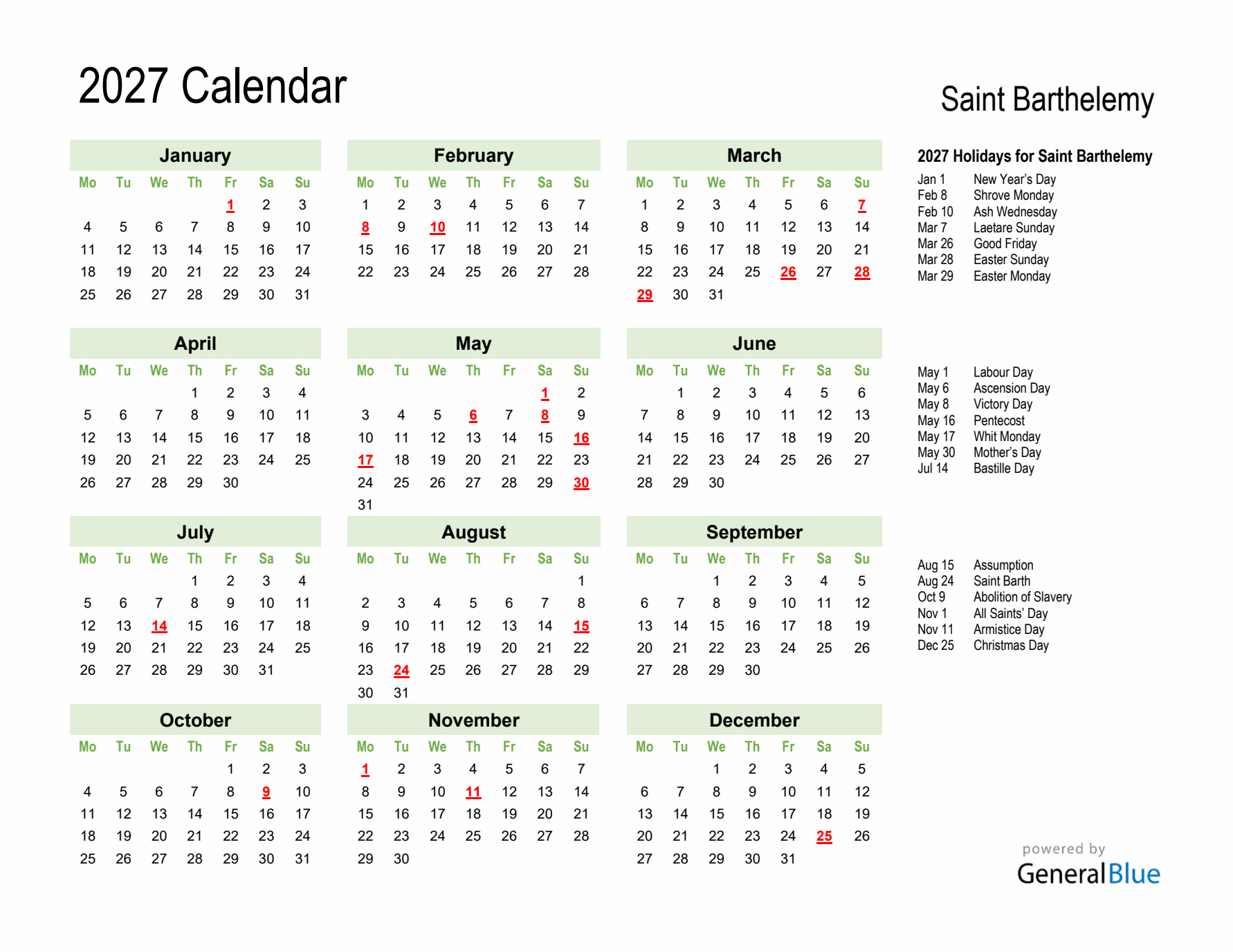 Holiday Calendar 2027 for Saint Barthelemy (Monday Start)