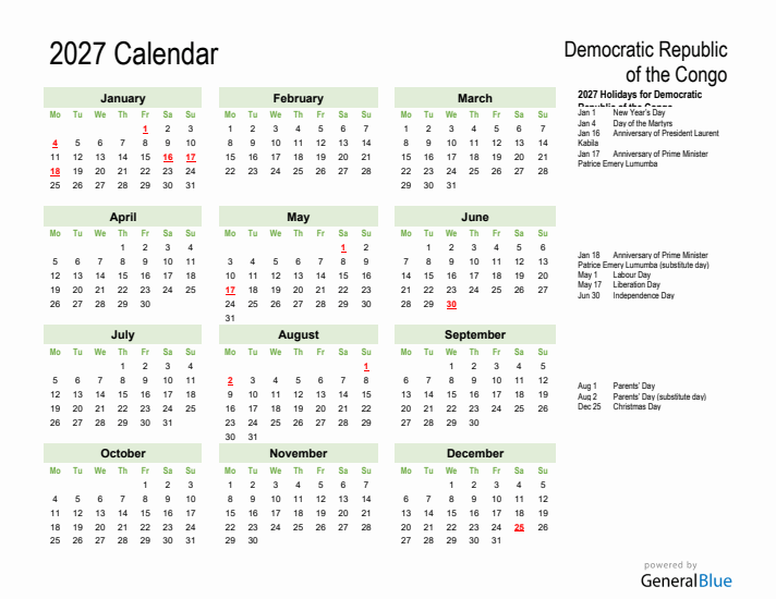 Holiday Calendar 2027 for Democratic Republic of the Congo (Monday Start)
