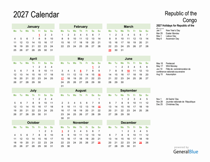 Holiday Calendar 2027 for Republic of the Congo (Monday Start)