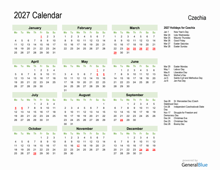Holiday Calendar 2027 for Czechia (Monday Start)