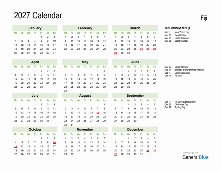 Holiday Calendar 2027 for Fiji (Monday Start)
