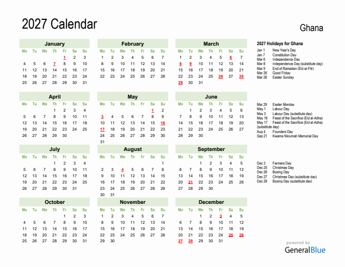Holiday Calendar 2027 for Ghana (Monday Start)