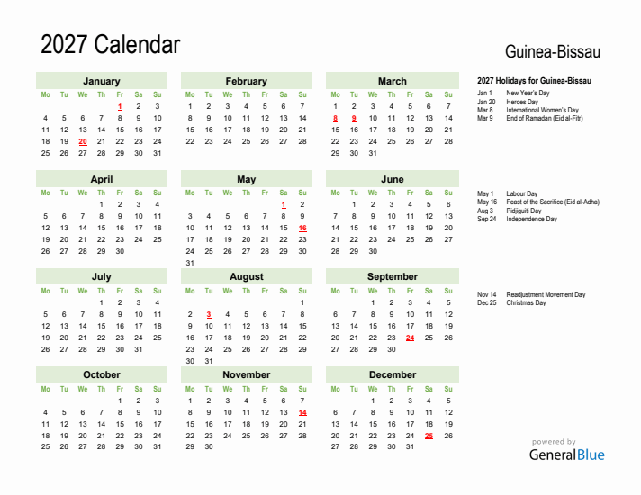 Holiday Calendar 2027 for Guinea-Bissau (Monday Start)