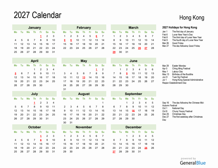 Holiday Calendar 2027 for Hong Kong (Monday Start)