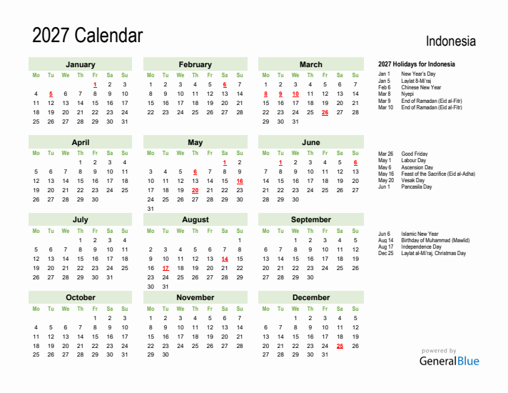 Holiday Calendar 2027 for Indonesia (Monday Start)