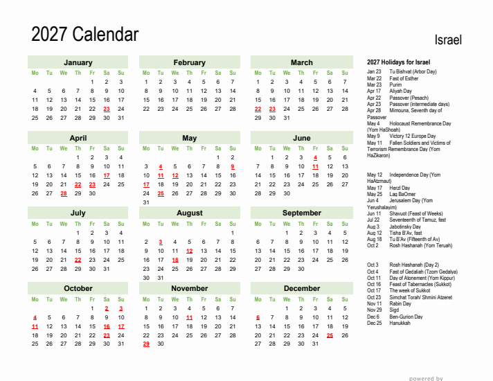 Holiday Calendar 2027 for Israel (Monday Start)
