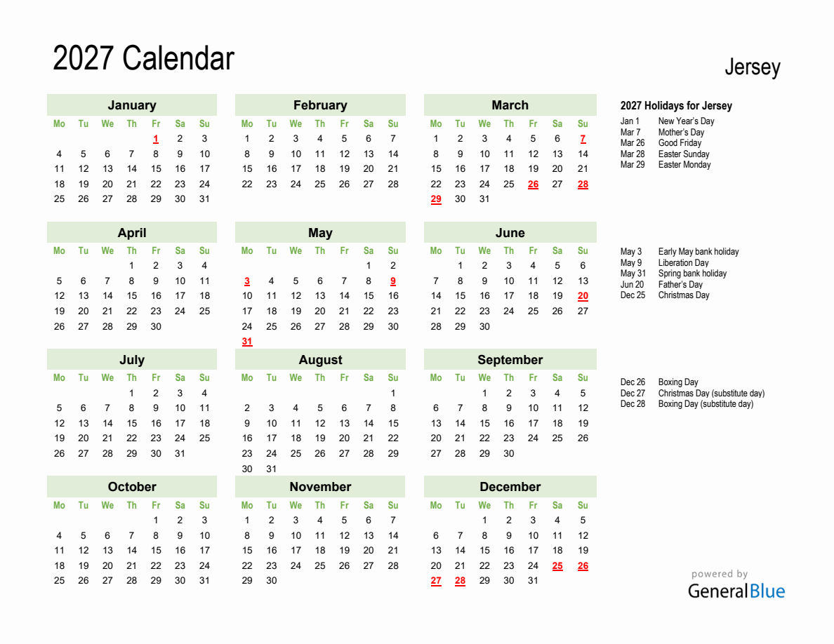 Holiday Calendar 2027 for Jersey - Monday Start