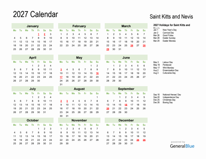 Holiday Calendar 2027 for Saint Kitts and Nevis (Monday Start)