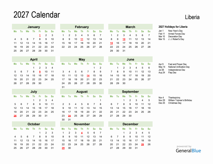 Holiday Calendar 2027 for Liberia (Monday Start)