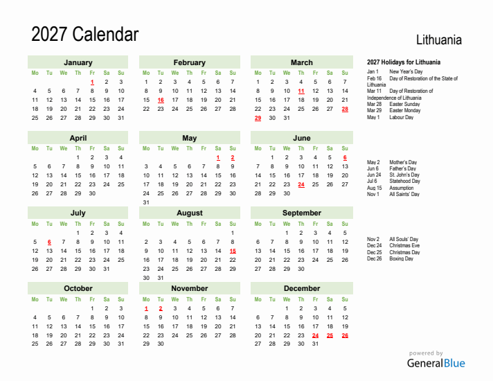 Holiday Calendar 2027 for Lithuania (Monday Start)