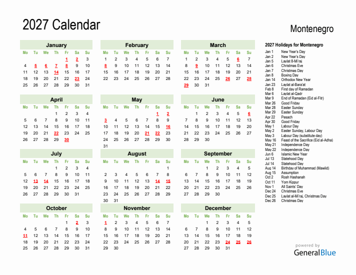 Holiday Calendar 2027 for Montenegro (Monday Start)