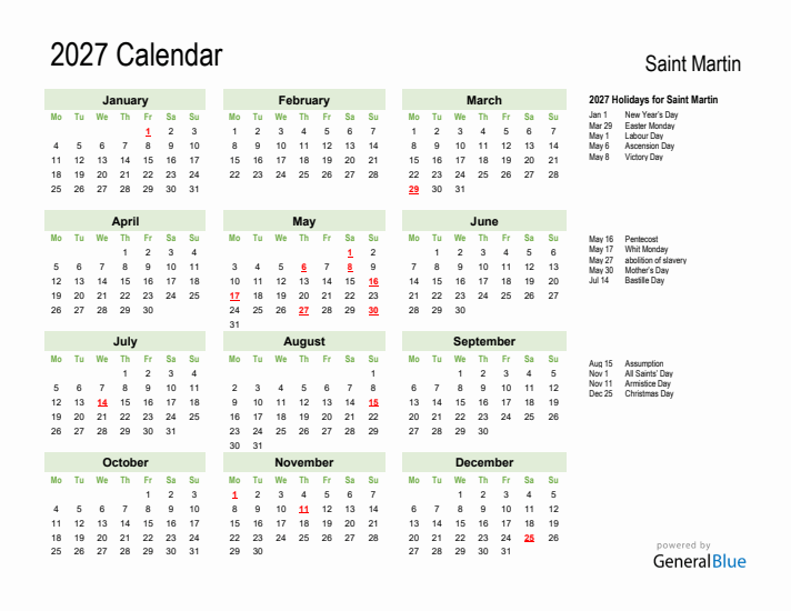 Holiday Calendar 2027 for Saint Martin (Monday Start)